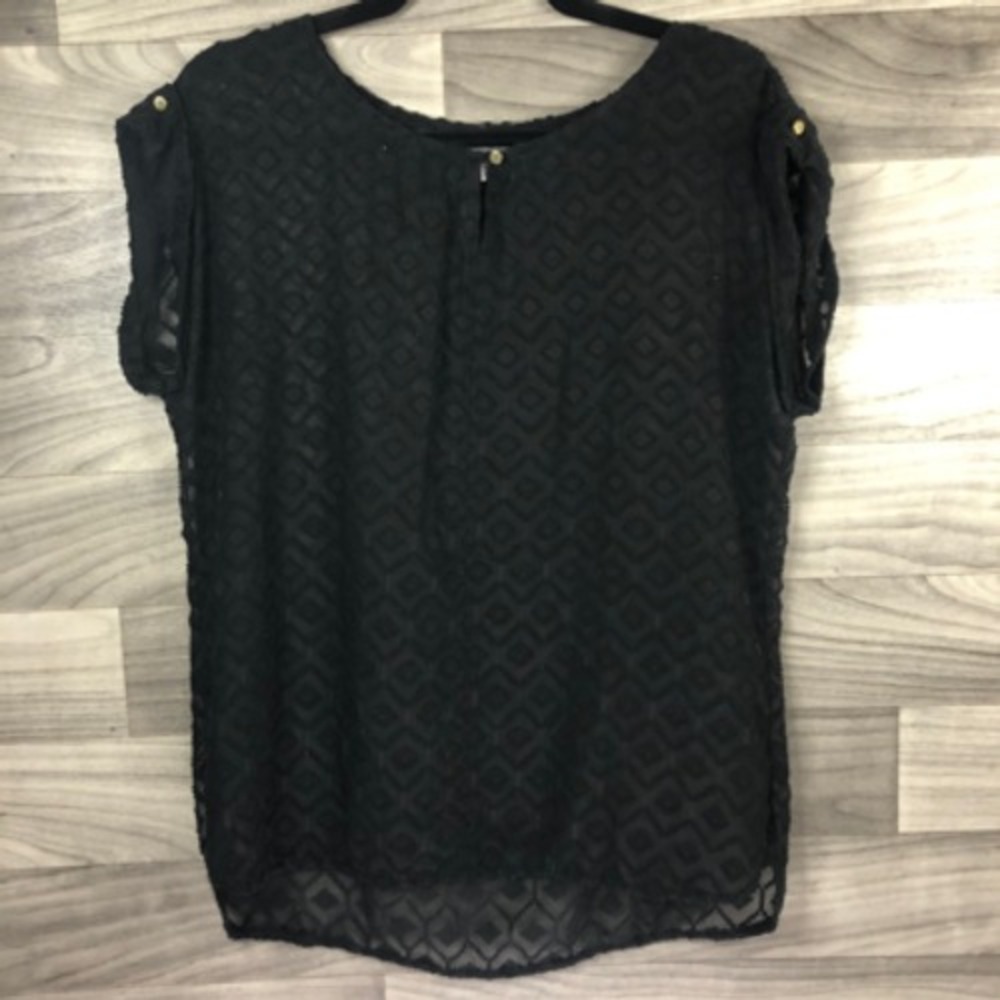 Liz Claiborne Womens Blouse Black Textured Keyhole Neck Button Sheer M